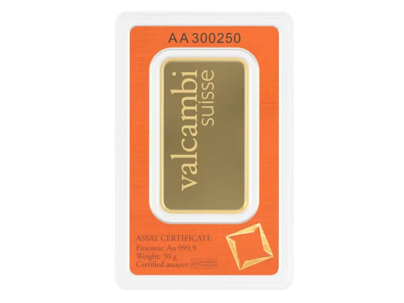 Valcambi Gold Bar 50 g.: 50 g. Investment gold bar Valcambi